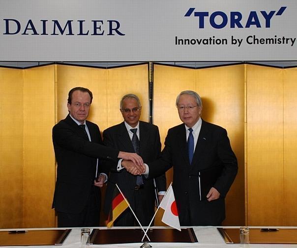 Toray Industries, Inc. und der deutsche Premiumautomobilhersteller Daimler AG bei der Unterzeichnung eines gemeinsamen Joint Ventures für die Herstellung und Vermarktung von Automobilteilen aus carbonfaserverstärkten Kunststoffen (CFK). 